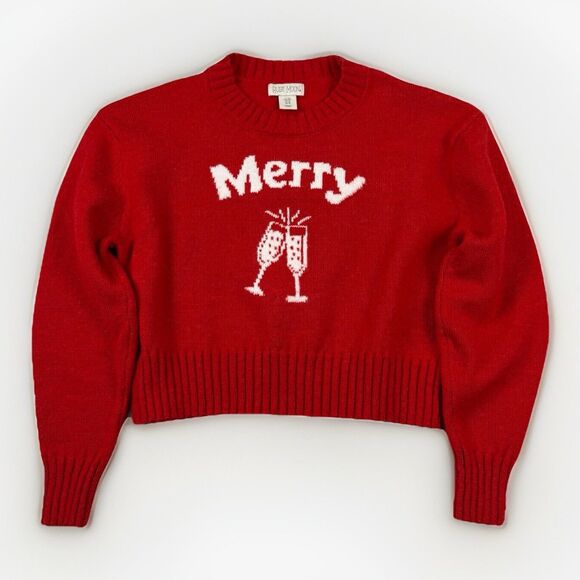 Christmas Cropped Sweater “Merry” Champagne Wool Blend Red Women’s Sz M Holiday - Picture 4 of 9